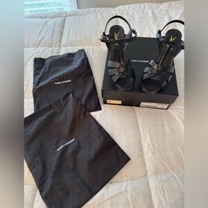 Saint Laurent Black Leather Strappy Platform Heels with Gold Logo